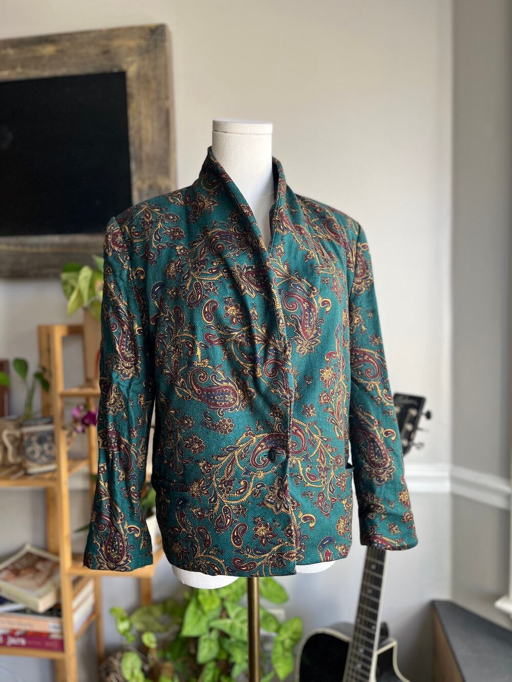 Vintage 90s Blazer Jacket Teal Green Burgundy Yellow Paisley Size Small